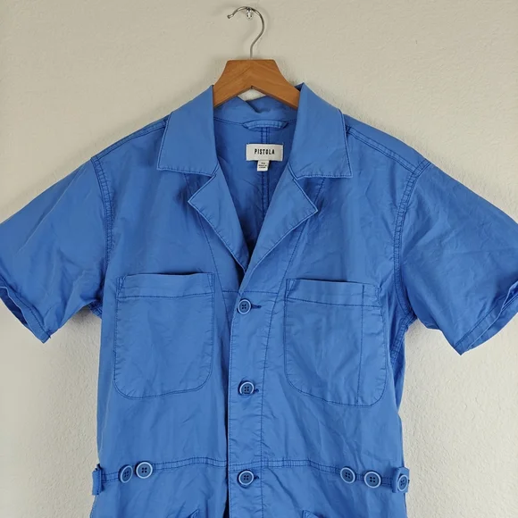 Pistola Nwot PARKER Button Up Short Sleeve Romper In Azure Blue Size XS Women's